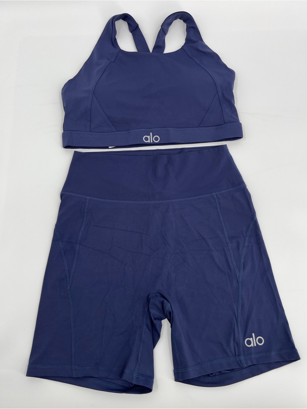 ALO Yoga Navy Blue Sports Bra & Bike Shorts Set